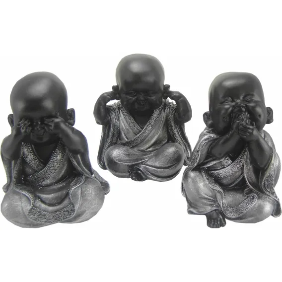 Trio De Buda Bebê Cego Surdo Mudo - Estatueta Monge Cor Prata Foto 1