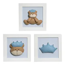 Trio De Quadros Urso Príncipe Quarto Bebê Infantil Menino Foto  mini 1