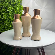 Trio Decorativo Vaso Garrafa Bege De Cerâmica Moderno Liso Foto mini 2