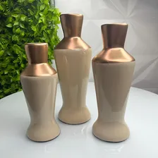 Trio Decorativo Vaso Garrafa Bege De Cerâmica Moderno Liso Foto mini 3