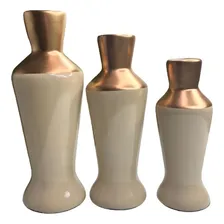 Trio Decorativo Vaso Garrafa Bege De Cerâmica Moderno Liso Foto mini 1