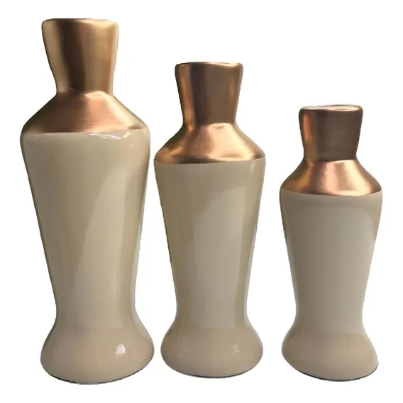 Trio Decorativo Vaso Garrafa Bege De Cerâmica Moderno Liso Foto 1