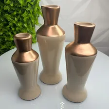 Trio Decorativo Vaso Garrafa Bege De Cerâmica Moderno Liso Foto mini 4