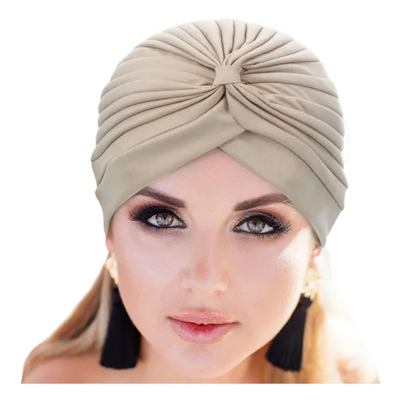 Turbante Feminino Indiano Cores De Atacado Cor Bege Desenho Do Tecido Liso Foto 1