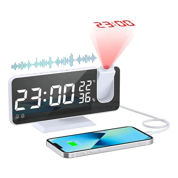 Tusoul Relógio Despertador Digital Relógio Despertador de Projeção, Led Relógio Digital Temperatura Umidade, Rádio, Alarme Duplo, Repetição, Usb, Adequado para Paredes, Tetos e Quartos. (branco) Foto 1