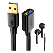 Ugreen Cabo Extensor Usb 3.0 Macho Fêmea 3m + Fone Ouvido Foto  mini 1