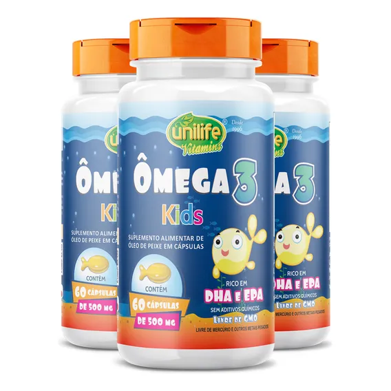 Unilife Kit 3 Ômega 3 Infantil Kids 500mg 60 Cáps Vitaminas Sem Sabor Foto 1