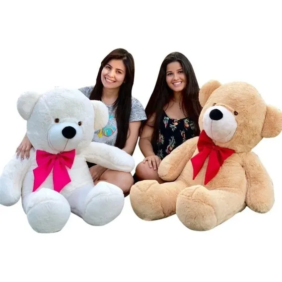 Urso Gigante Pelúcia Grande Teddy 1,10 Metros + Cor Doce de Leite Laço Vermelho Foto 1