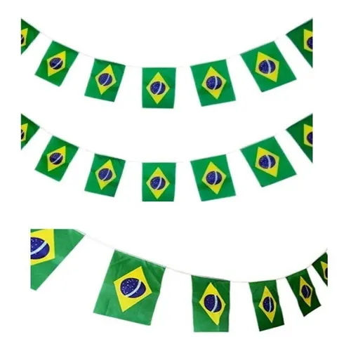 Varal Bandeiras Brasil 4,5m - 10 Bandeirinhas Tecido 30x20cm Foto 1