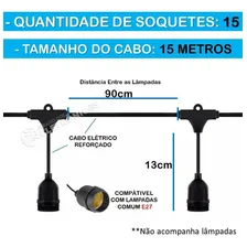 Varal De Luzes Cordão 15 Metros 15 Bocal E27 Ip65 Reforçado Foto mini 2