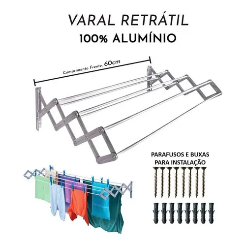 Varal Sanfonado Parede Alumínio 60cm Retrátil Apartamento Foto 1