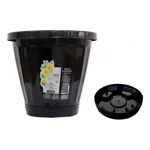 Vaso Decorativo 28cm Com Prato Plástico Preto Cachepot Casa Foto 1