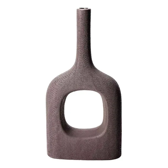 Vaso Em Poliresina Geometrico Marrom Amadeirado Alto Foto 1