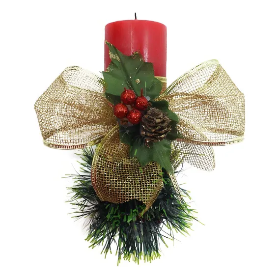 Vela Vermelha Natalina Decorativa Para Natal Com Laço Dourad Foto 1