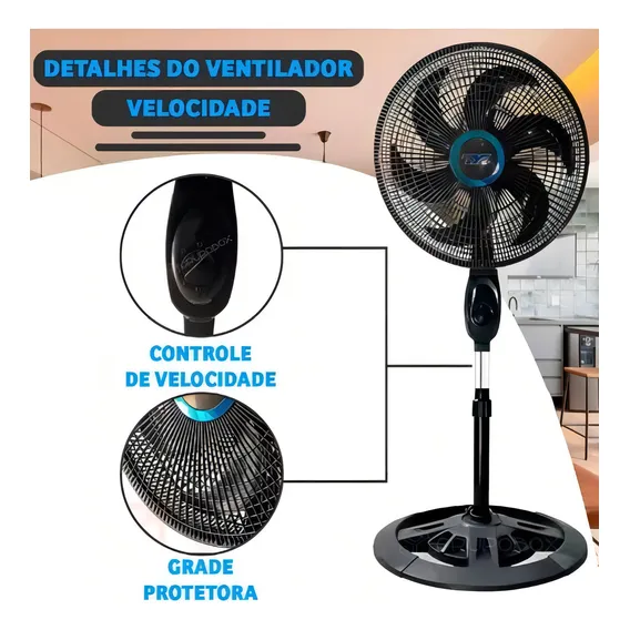 Ventilador 6 Hélices Coluna Pedestal Silencioso Dormir Preto Foto 1