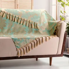 Xale Manta Sofá Jacquard Dourado Tiffany 2,20m X 1,40m Cor Tiffany e dourado Desenho Medalhão Foto  mini 1