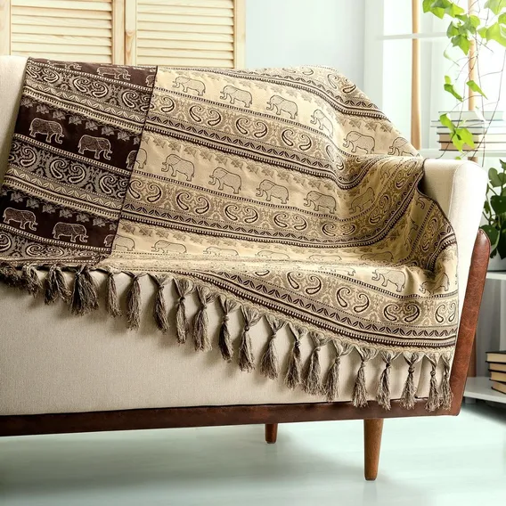 Xale Para Sofá Jacquard Indiano Bege Marrom 1,80m X 1,40m Cor Bege E Marrom Foto 1