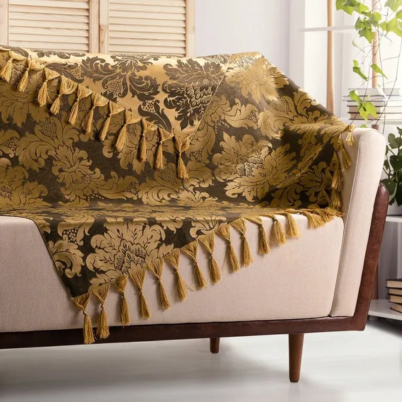 Xale Para Sofá Jacquard Medalhão Cores 1,80m X 1,40m Cor 71 - Dourado E Preto Foto 1